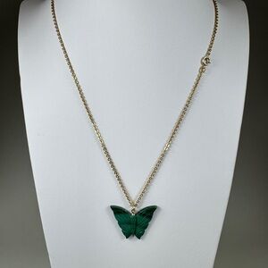 Vintage Malachite Carved Butterfly Pendant Necklace